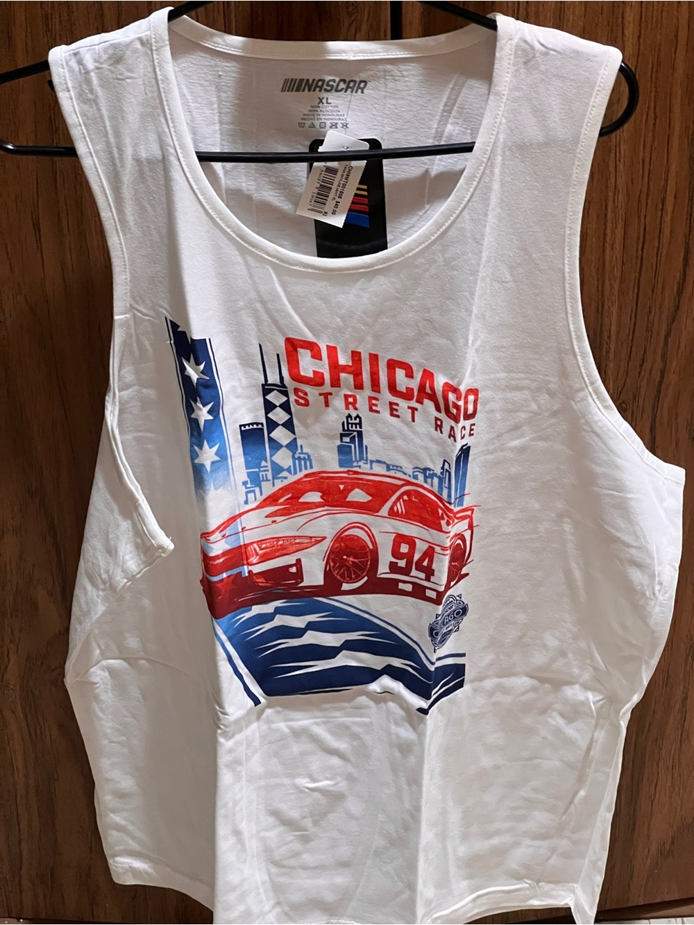 NASCAR Chicago Street Race White Graphic Tank with Red & Blue Car
